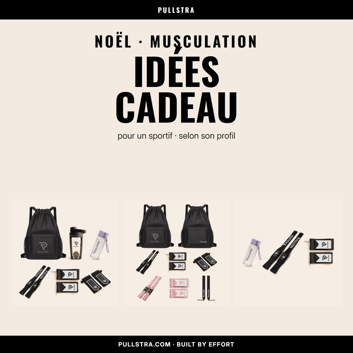 Idées cadeau de Noël pour un sportif : coffret musculation noir, coffret duo et mini-pack Pullstra