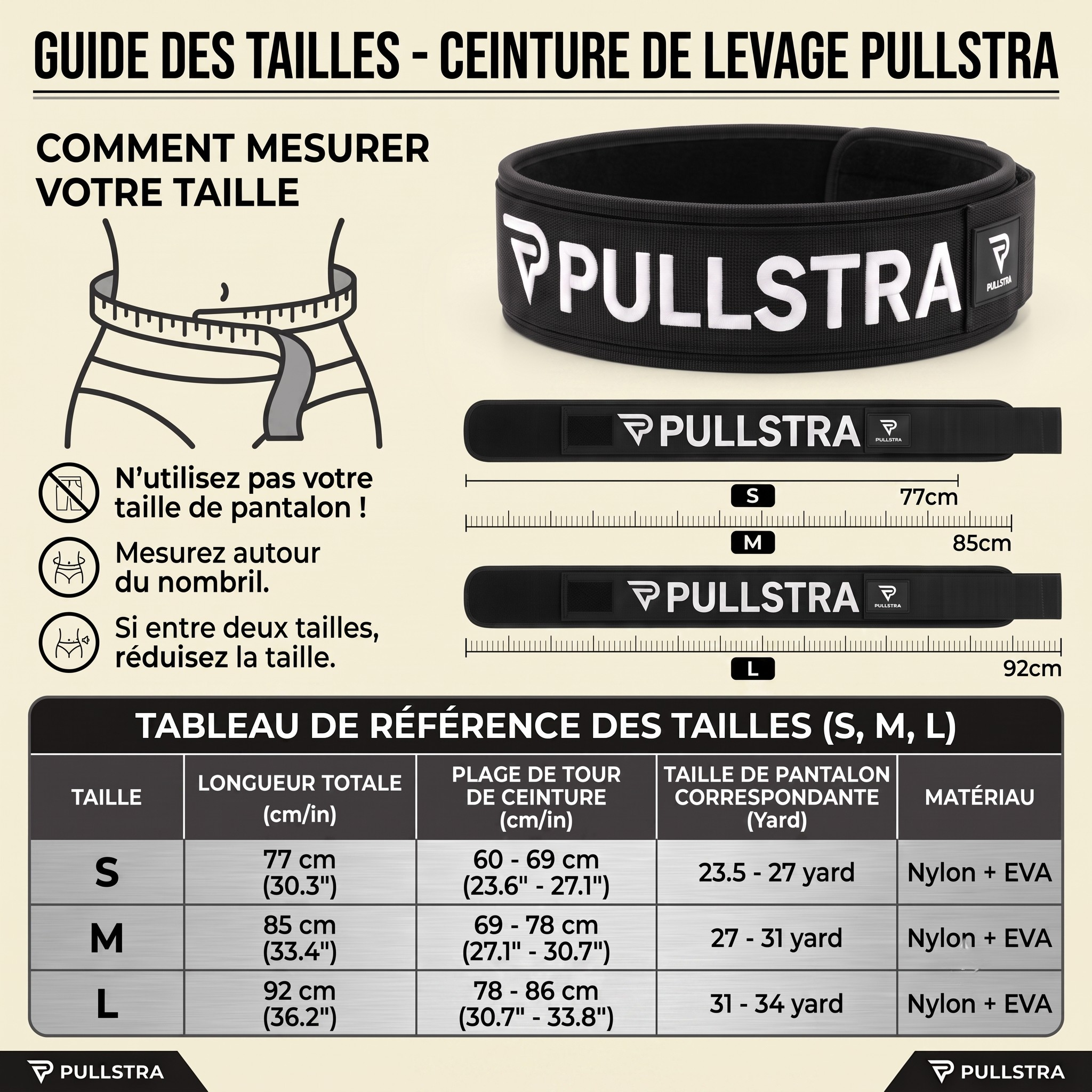 Ceinture de musculation Pullstra – guide des tailles