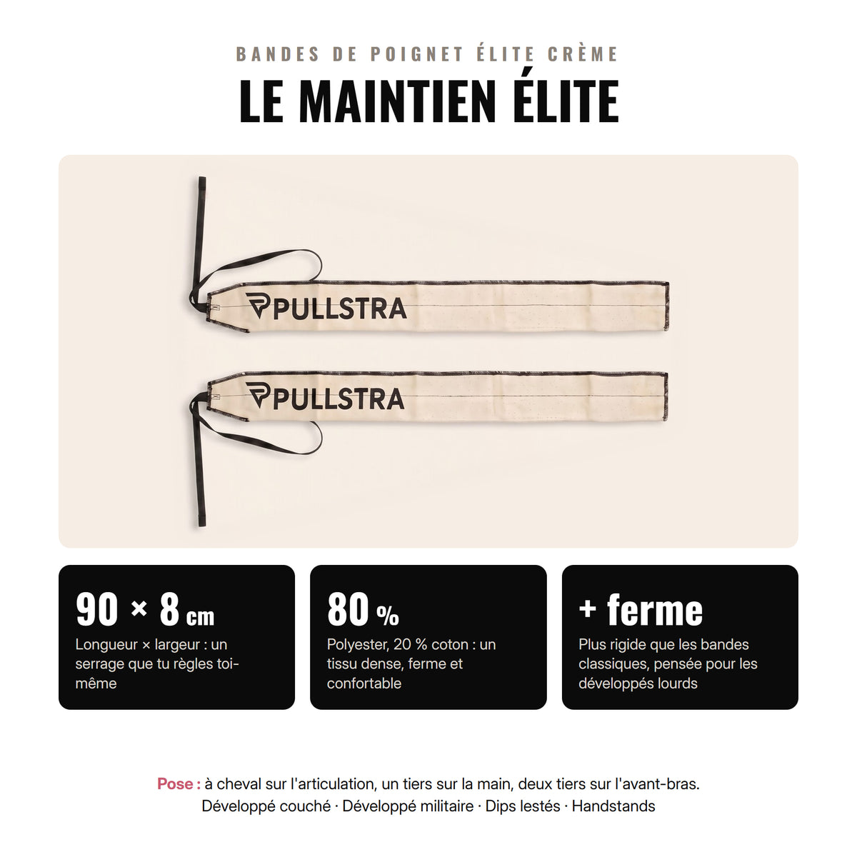 Bandes de poignet Élite Pullstra crème : 90 × 8 cm, 80 % polyester et 20 % coton, maintien plus ferme