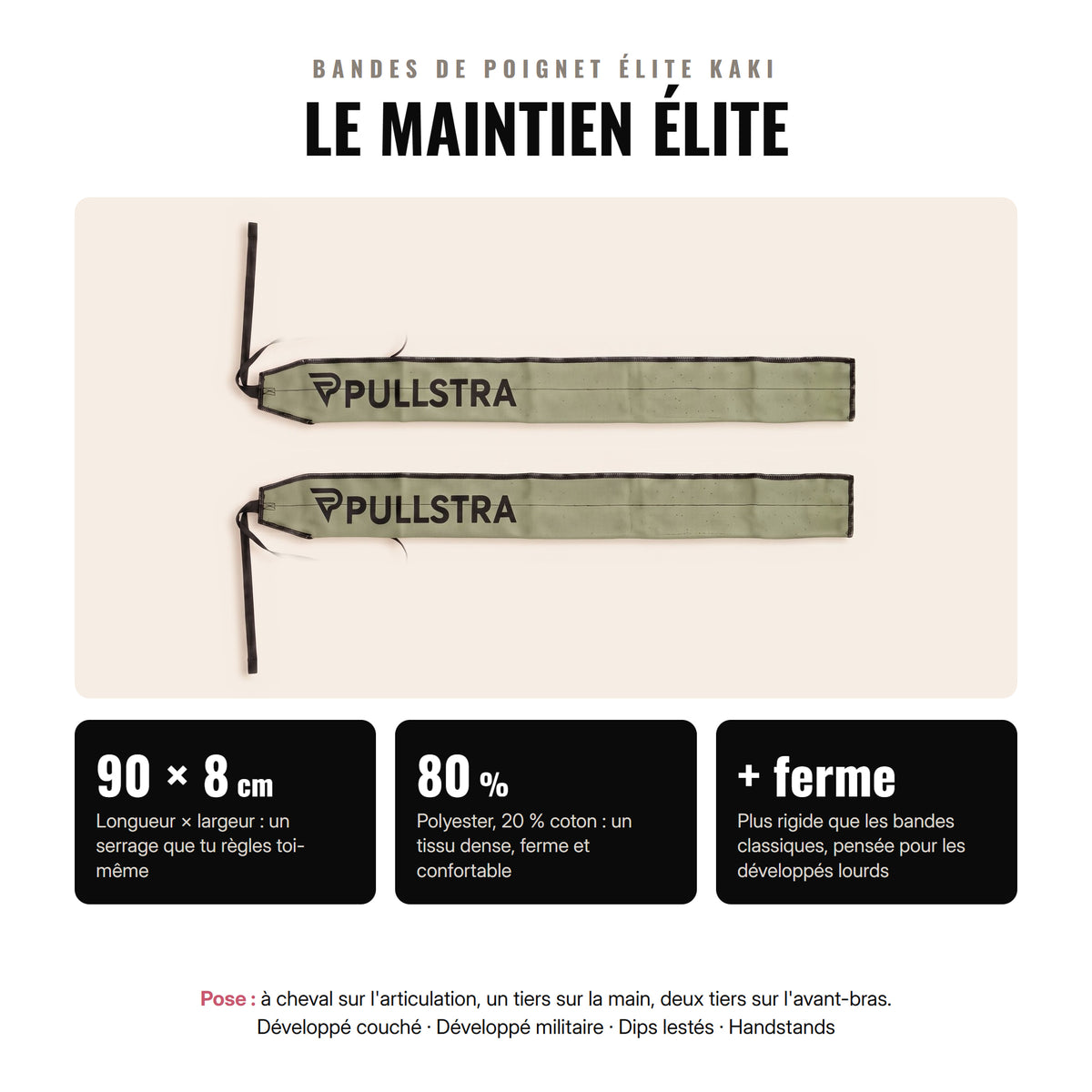 Bandes de poignet Élite Pullstra kaki : 90 × 8 cm, 80 % polyester et 20 % coton, maintien plus ferme