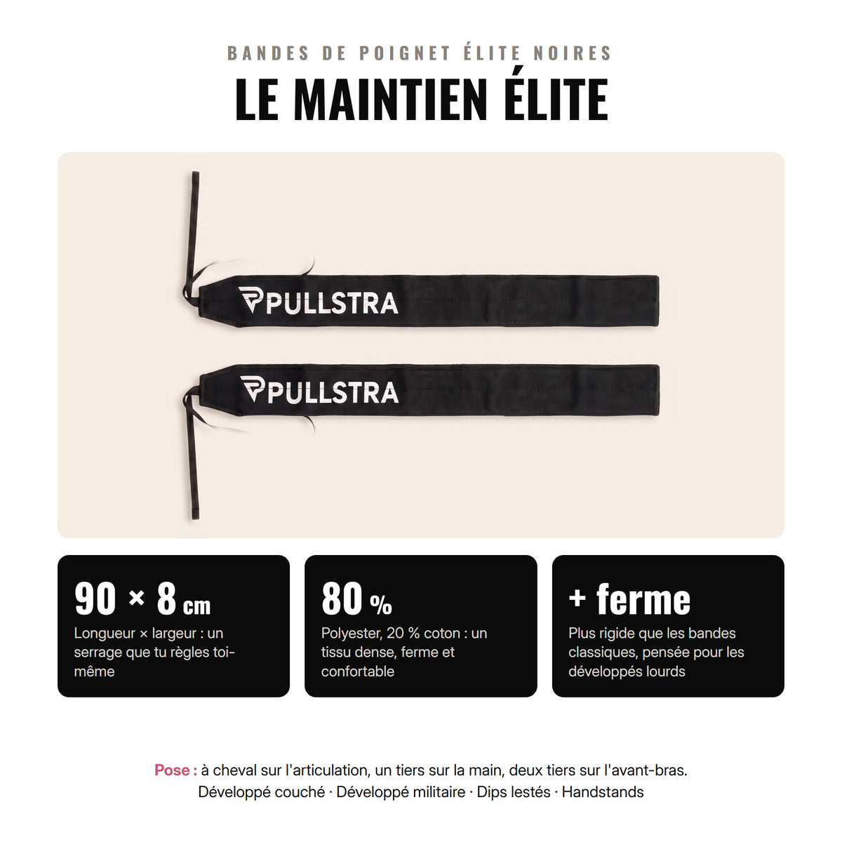 Bandes de poignet Élite Pullstra noires : 90 × 8 cm, 80 % polyester et 20 % coton, maintien plus ferme
