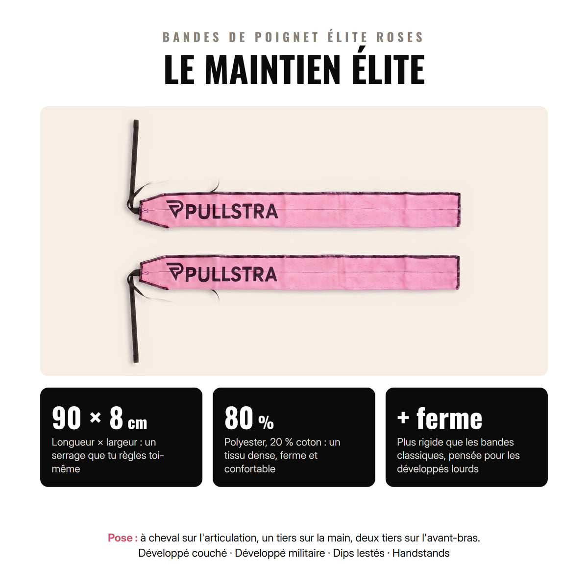 Bandes de poignet Élite Pullstra roses : 90 × 8 cm, 80 % polyester et 20 % coton, maintien plus ferme