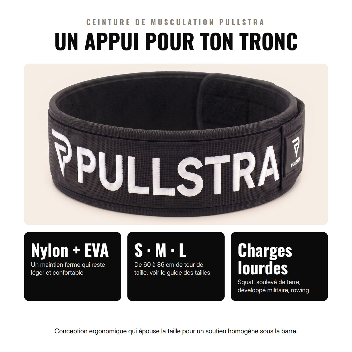 Ceinture de musculation Pullstra en nylon et EVA, tailles S, M et L, pour le squat et le soulevé de terre