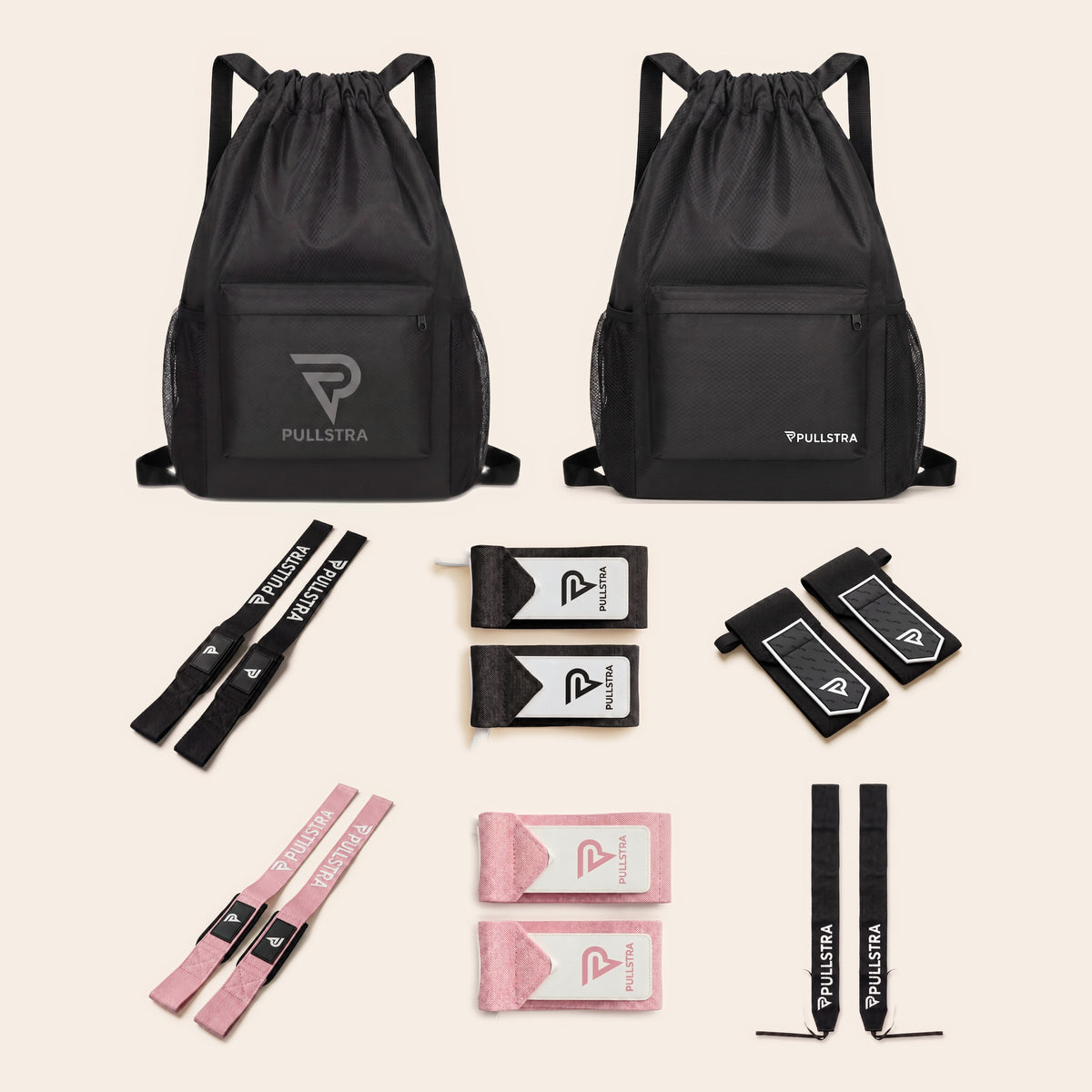Coffret musculation duo Pullstra 8 pièces : deux sacs de sport 30 L, sangles de tirage noires et roses, quatre paires de bandes de poignet