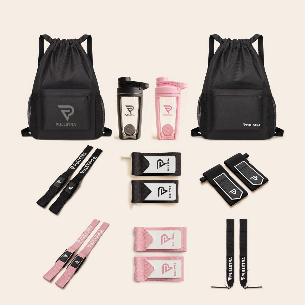 Coffret musculation duo complet Pullstra 10 pièces : deux sacs 30 L, deux shakers, sangles de tirage noires et roses, quatre paires de bandes de poignet