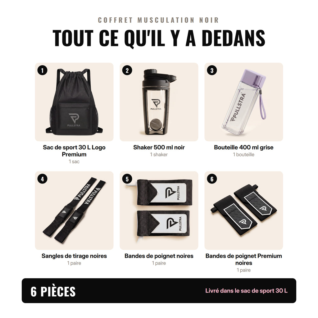 Contenu du coffret musculation noir Pullstra : les 6 pièces numérotées