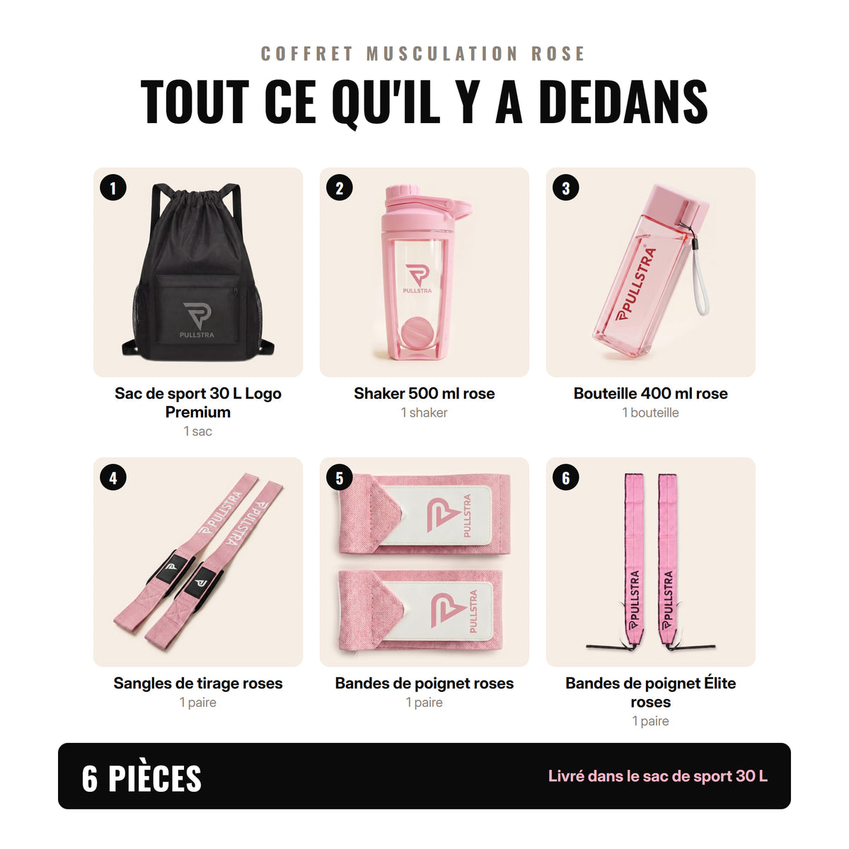 Contenu du coffret musculation rose Pullstra : les 6 pièces numérotées