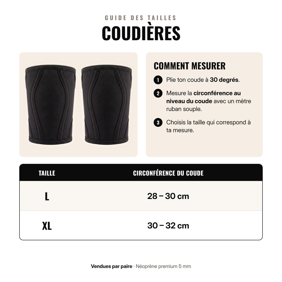 Guide des tailles des coudières Pullstra : L 28-30 cm, XL 30-32 cm de circonférence du coude