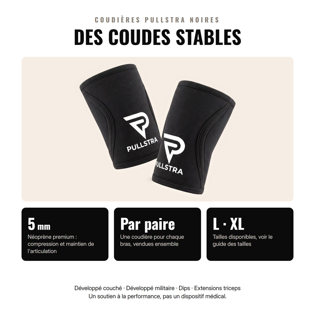 Coudières Pullstra noires en néoprène 5 mm, vendues par paire, tailles L et XL