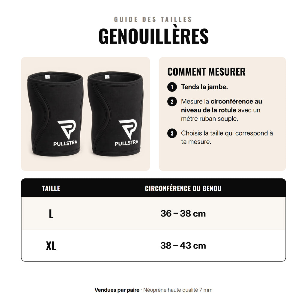 Guide des tailles des genouillères Pullstra noires : L 36-38 cm, XL 38-43 cm de circonférence du genou