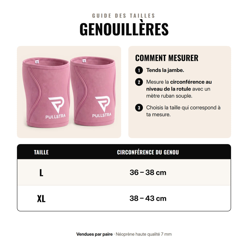 Guide des tailles des genouillères Pullstra roses : L 36-38 cm, XL 38-43 cm de circonférence du genou