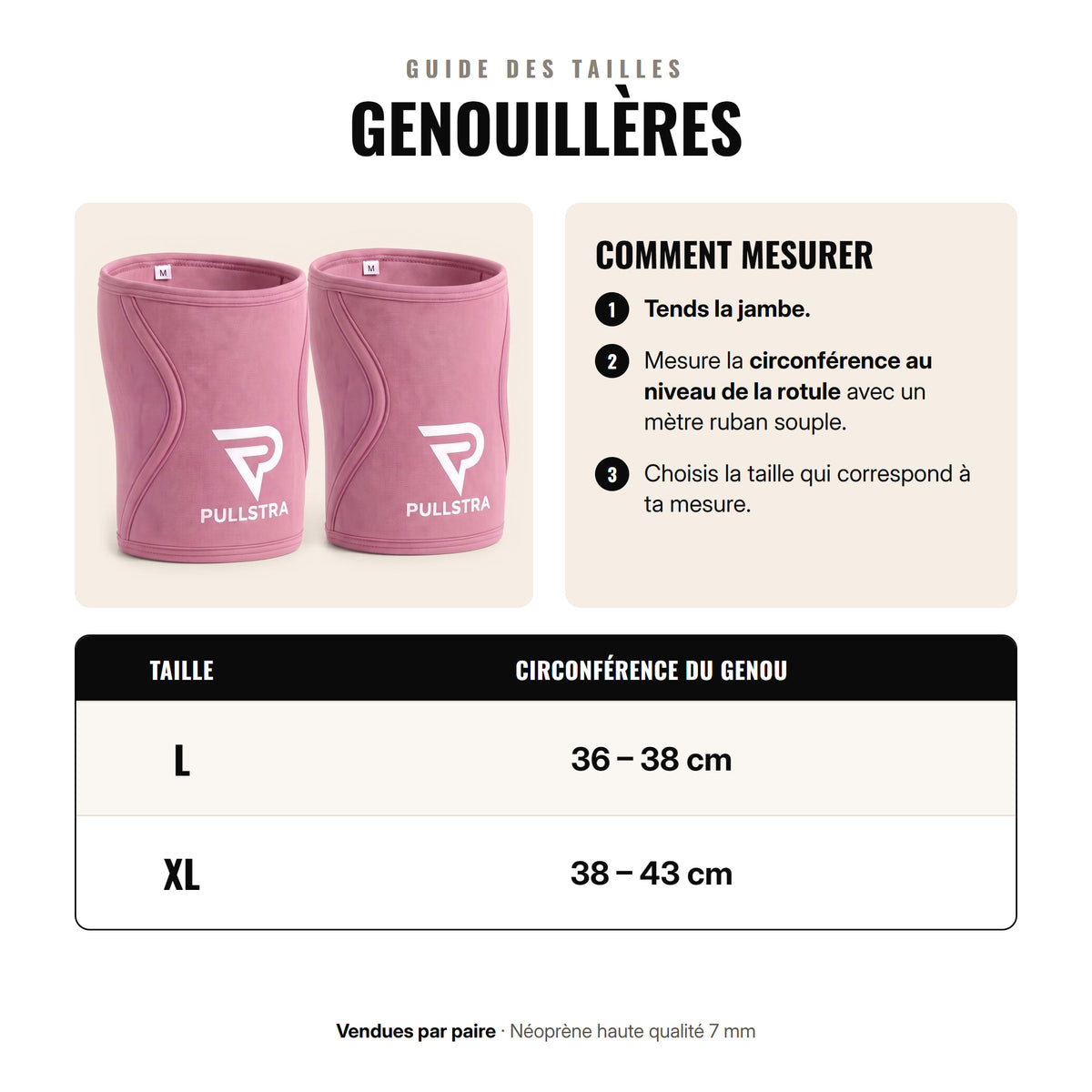 Guide des tailles des genouillères Pullstra roses : L 36-38 cm, XL 38-43 cm de circonférence du genou