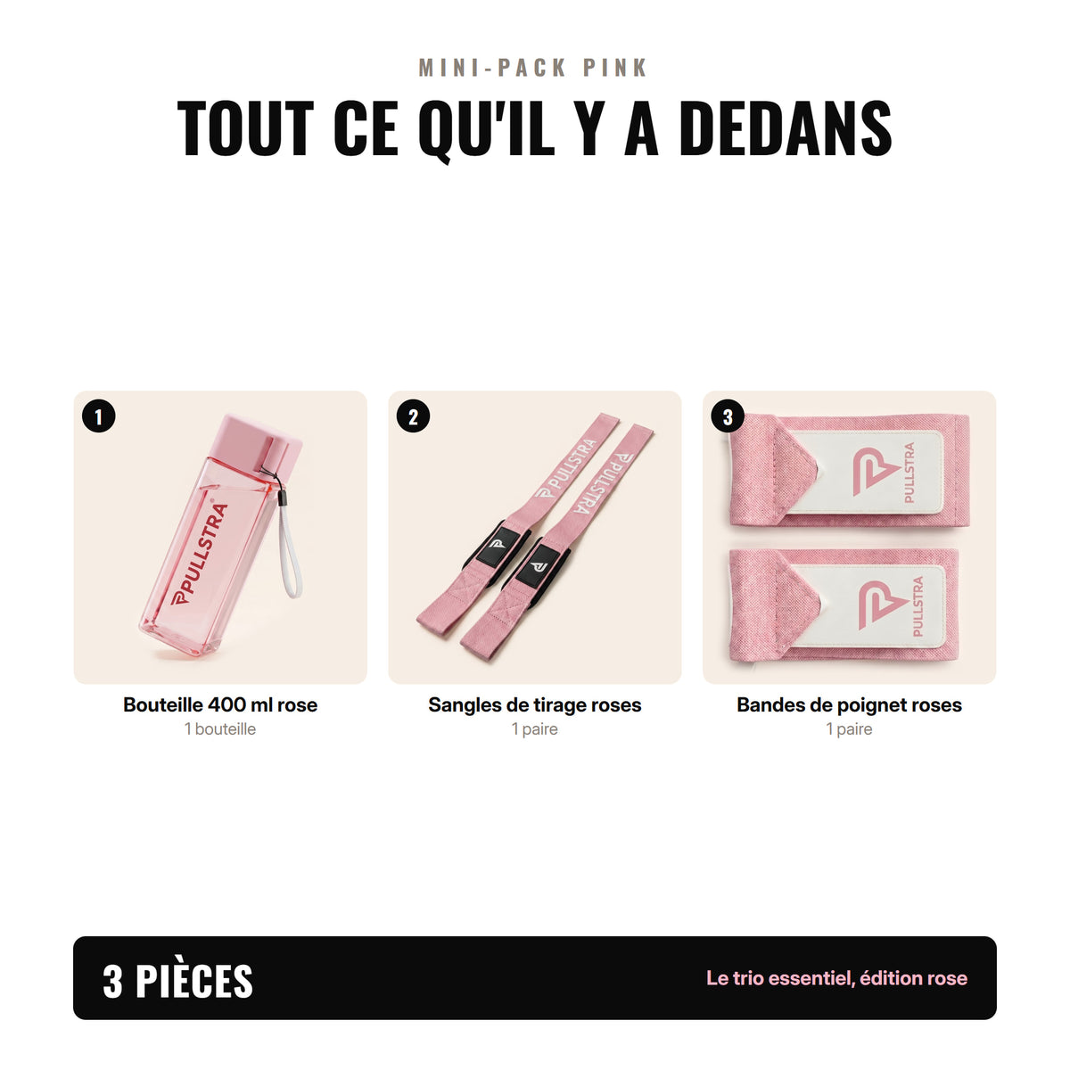 Contenu du mini-pack Pink Pullstra : les 3 pièces numérotées