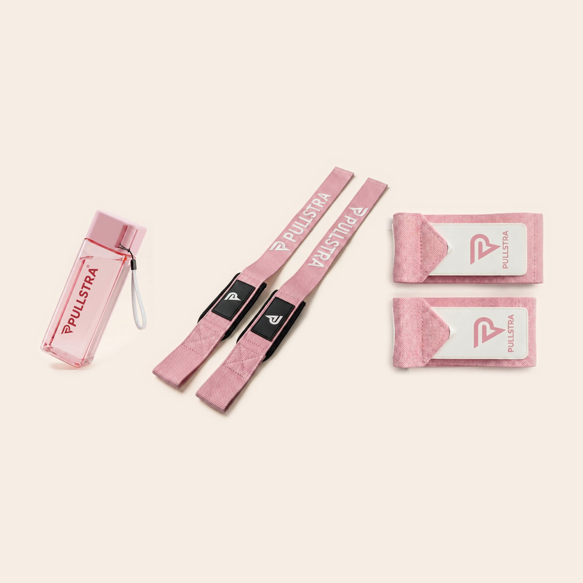 Mini-pack Pink Pullstra : bouteille rose, sangles de tirage roses et bandes de poignet roses