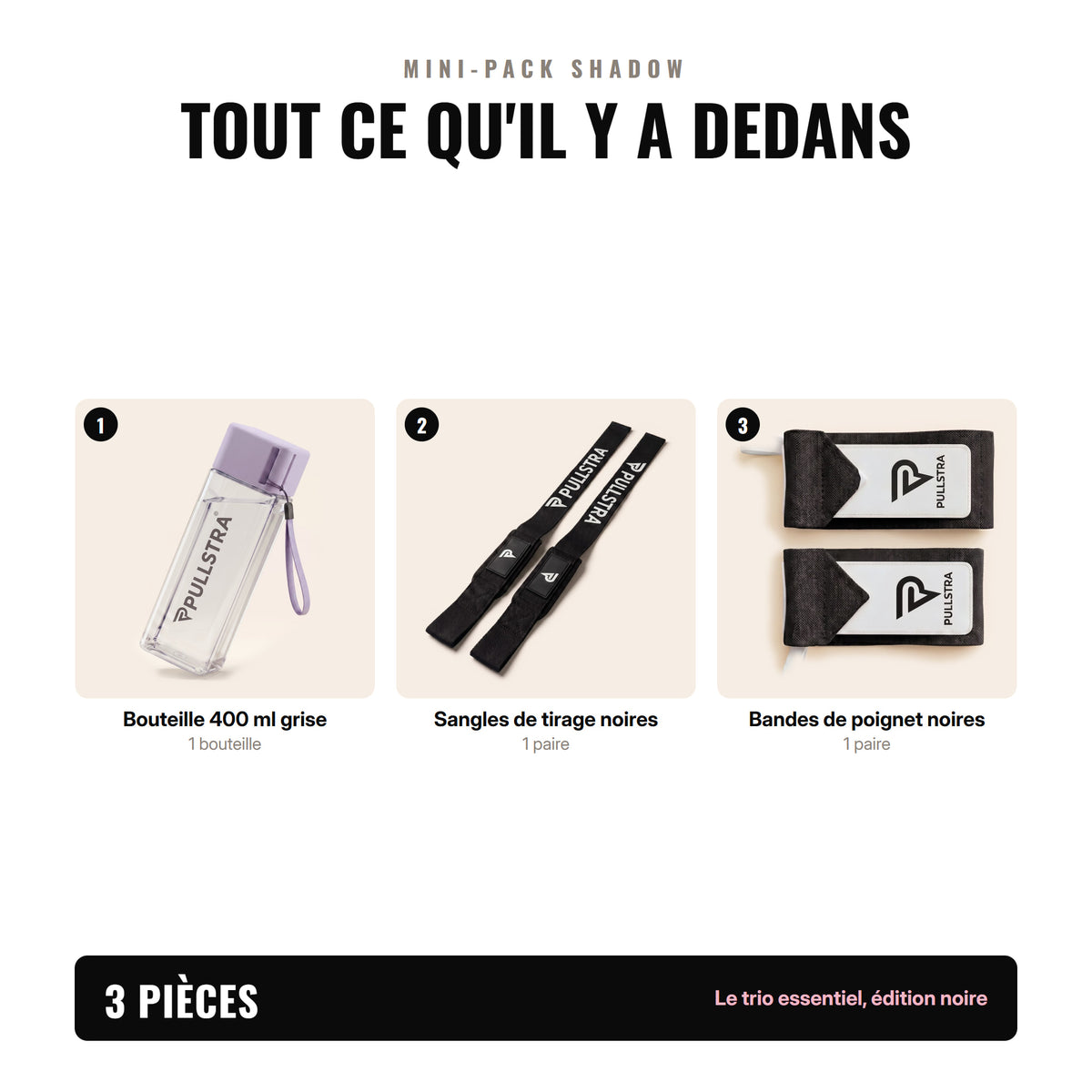 Contenu du mini-pack Shadow Pullstra : les 3 pièces numérotées