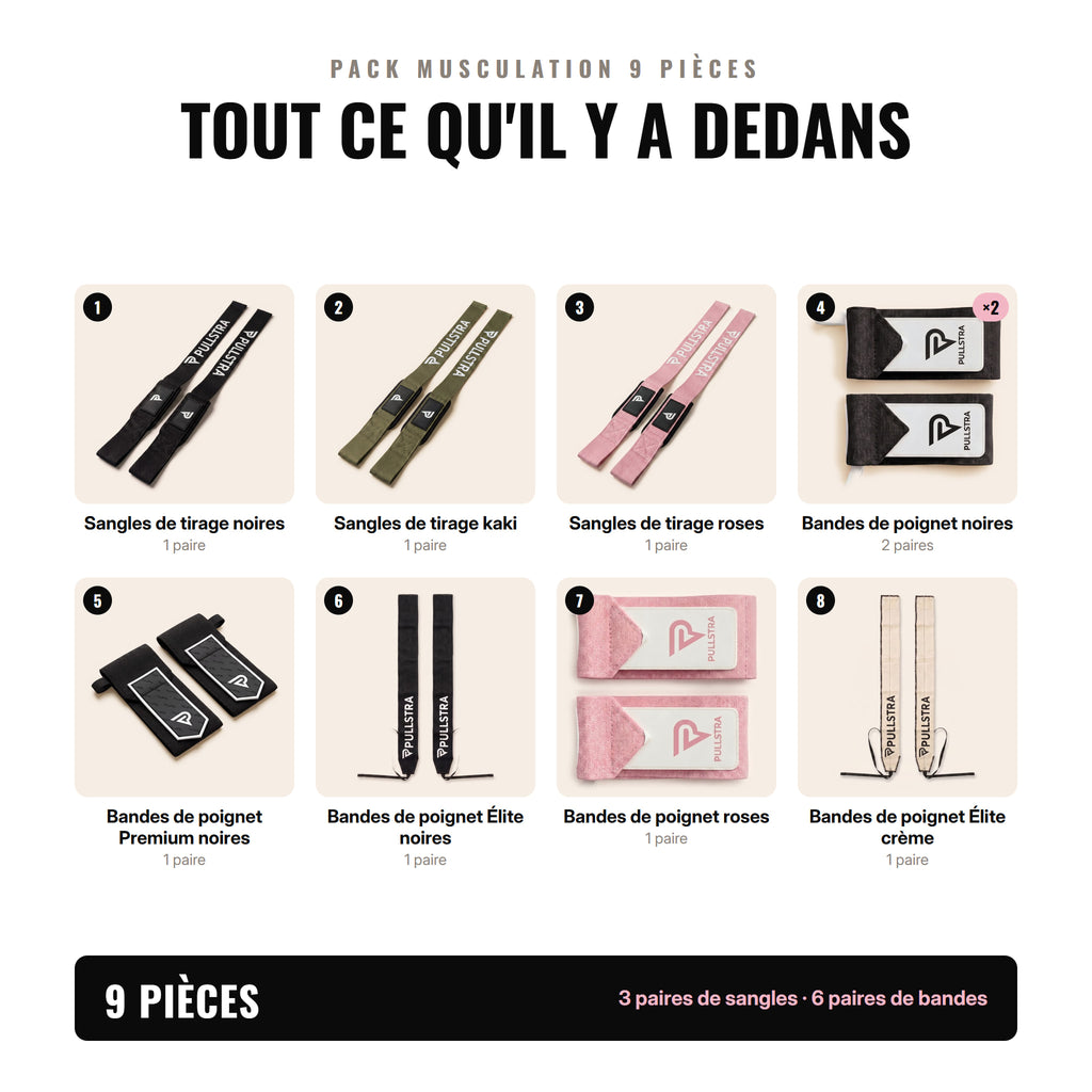Contenu du pack musculation 9 pièces Pullstra : sangles de tirage et bandes de poignet numérotées
