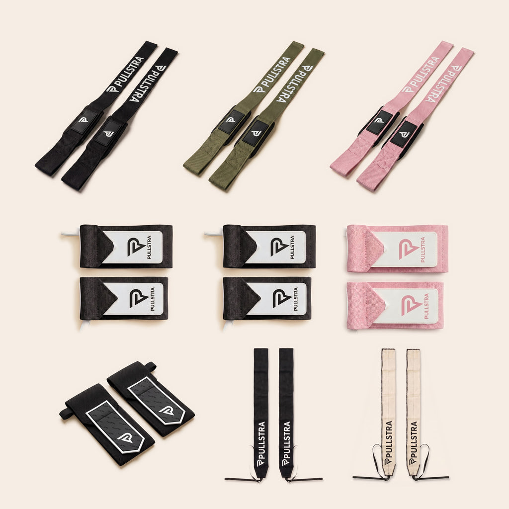 Pack musculation Pullstra 9 pièces : trois paires de sangles de tirage noir, kaki et rose, six paires de bandes de poignet
