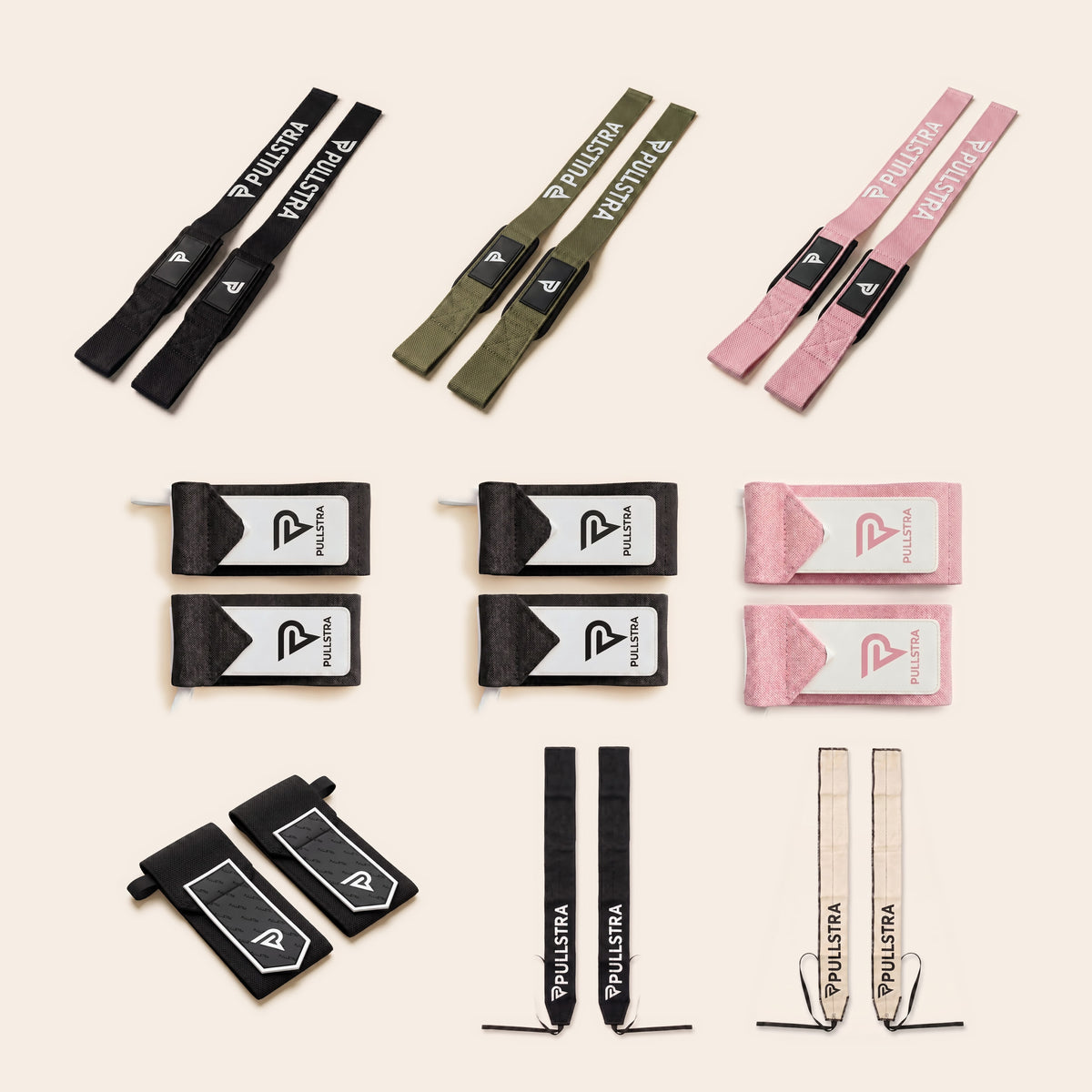 Pack musculation Pullstra 9 pièces : trois paires de sangles de tirage noir, kaki et rose, six paires de bandes de poignet
