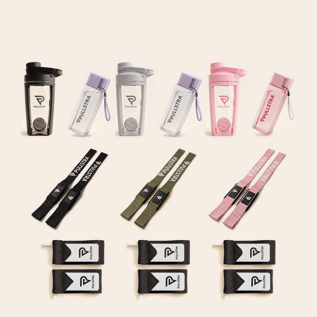 Pack musculation complet Pullstra 12 pièces : trois shakers, trois bouteilles, trois paires de sangles de tirage, trois paires de bandes de poignet
