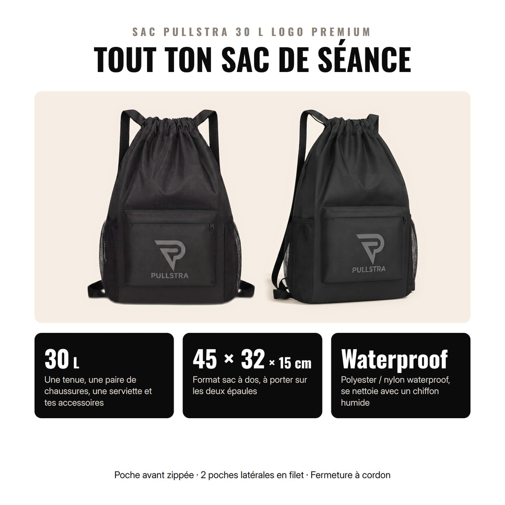 Sac de sport Pullstra 30 L Logo Premium : 45 × 32 × 15 cm, polyester et nylon waterproof, poche avant zippée