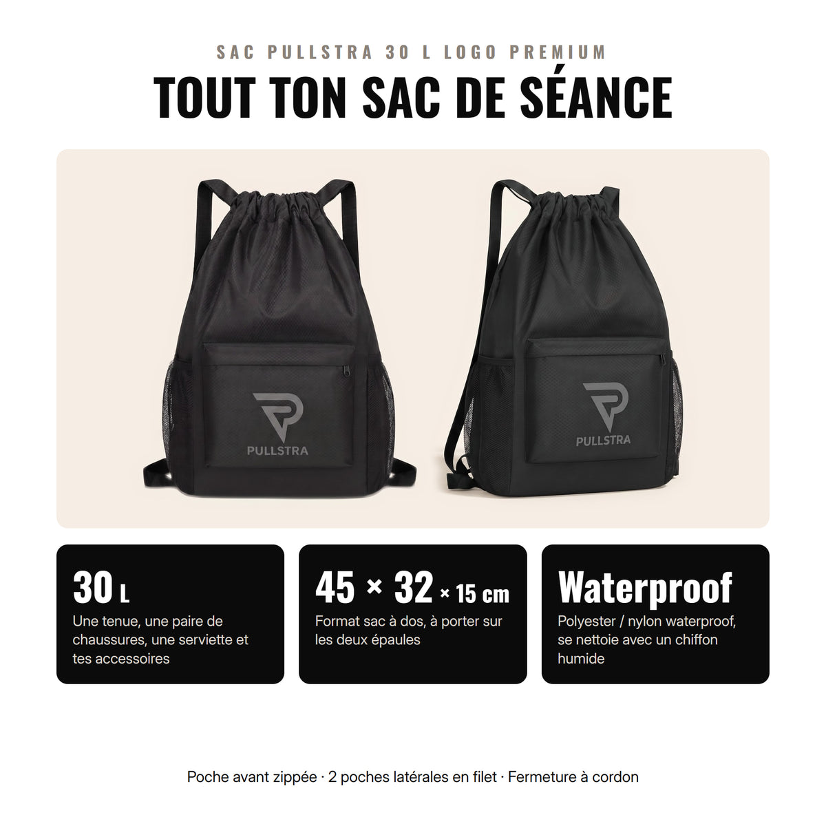 Sac de sport Pullstra 30 L Logo Premium : 45 × 32 × 15 cm, polyester et nylon waterproof, poche avant zippée