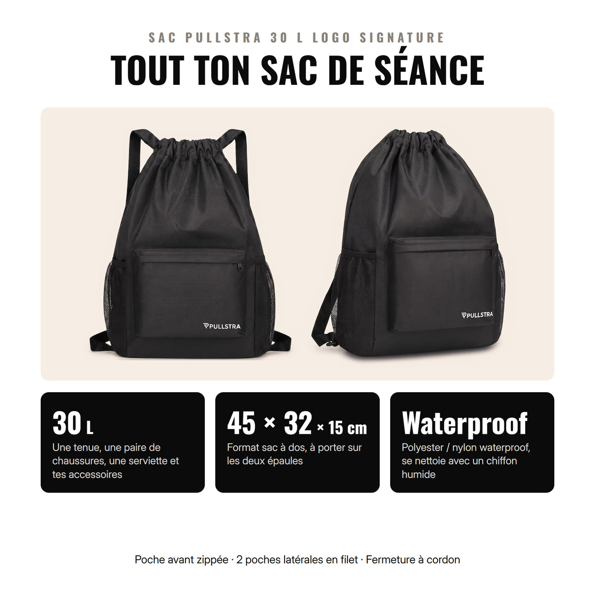 Sac de sport Pullstra 30 L Logo Signature : 45 × 32 × 15 cm, polyester et nylon waterproof, poche avant zippée