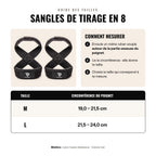 Guide des tailles des sangles de tirage en 8 Pullstra : M 19-21,5 cm, L 21,5-24 cm de tour de poignet